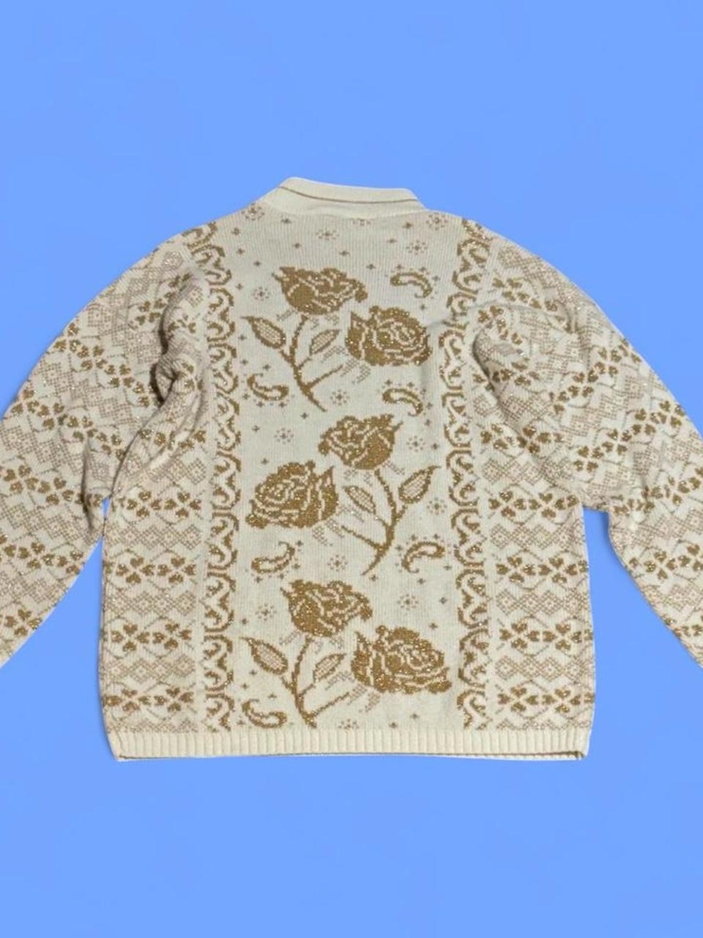 Cream and Tan Rose Pattern Knit Sweater